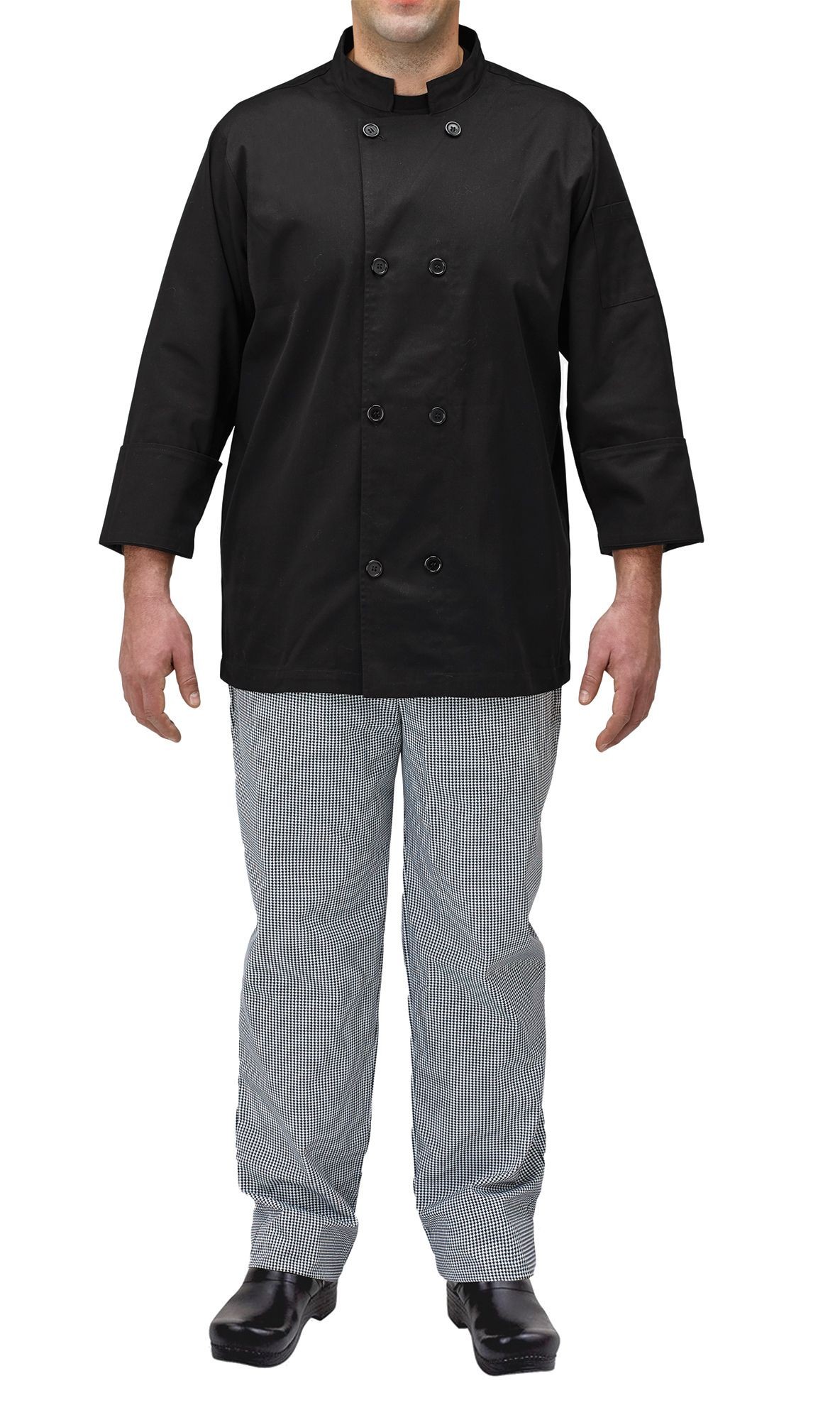 Winco UNF-5KS Black Poly-Cotton Blend Double Breasted Chef Jacket with Pocket, Small
