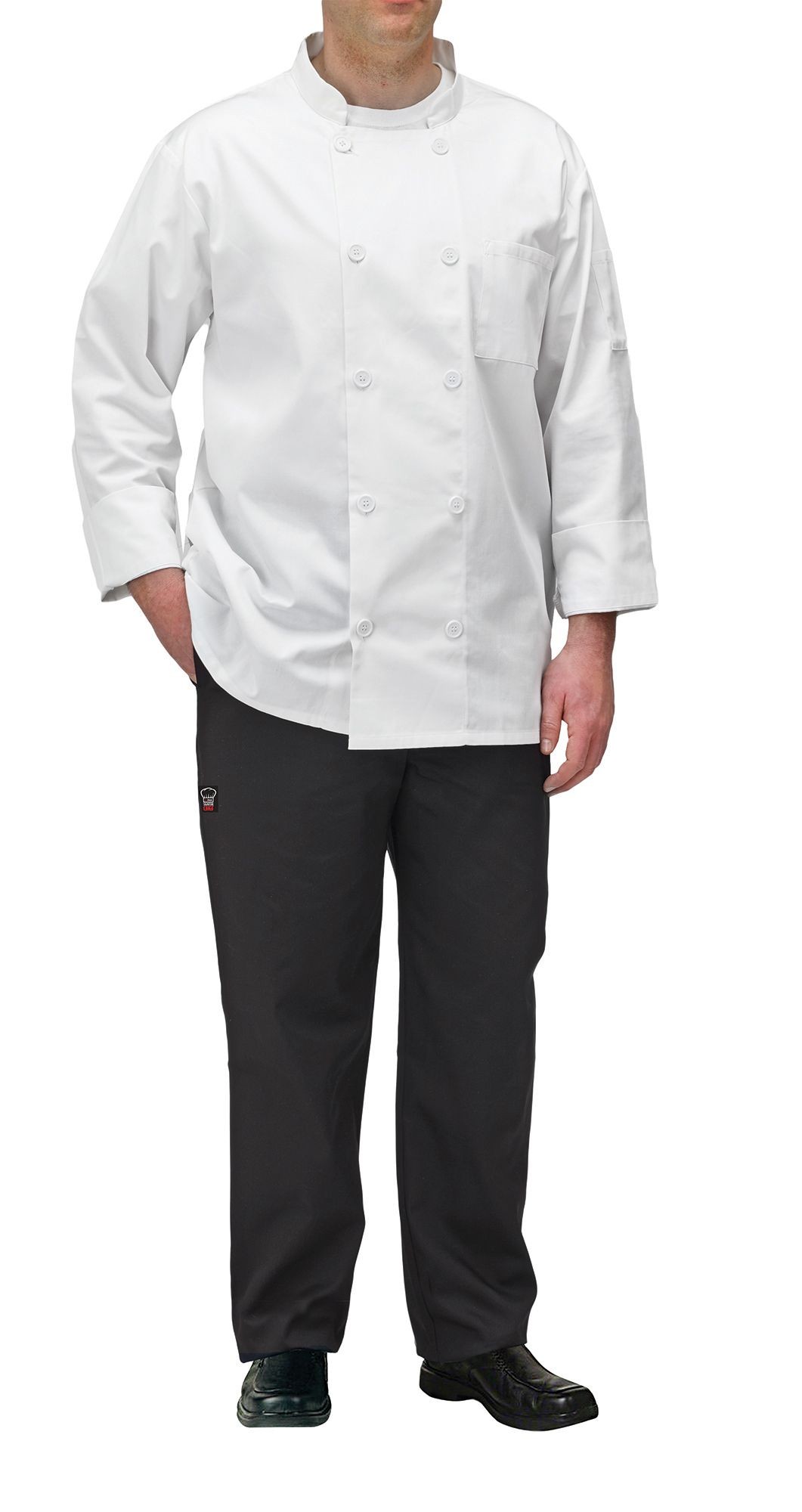 Winco UNF-5WS White Poly-Cotton Blend Double Breasted Chef Jacket with Pocket, Small