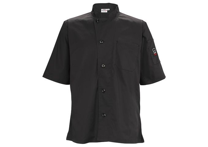 Winco UNF-9KM Black Ventilated Short Sleeve Tapered Fit Chef Shirt, M