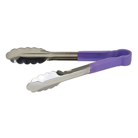 Winco UTPH-12P Stainless Steel Allergen Free Utility Tongs with Purple Handle 12"