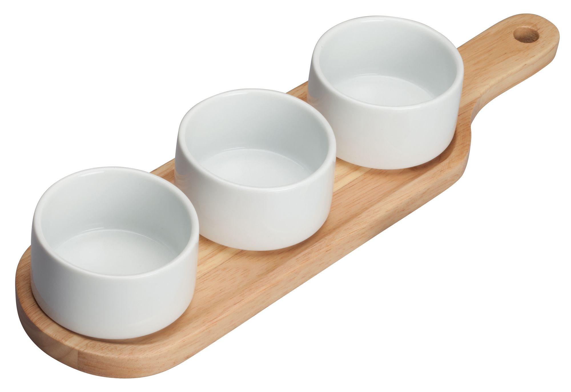 Winco WDP015-104 Newry Porcelain Trio Bowl Set with Wooden Plate 15-1/4" x 4-1/8"