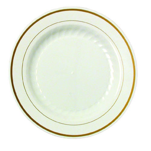 WNA Masterpiece Hard Plastic Ivory and Gold 10" Dinner Plates , 120/Pack