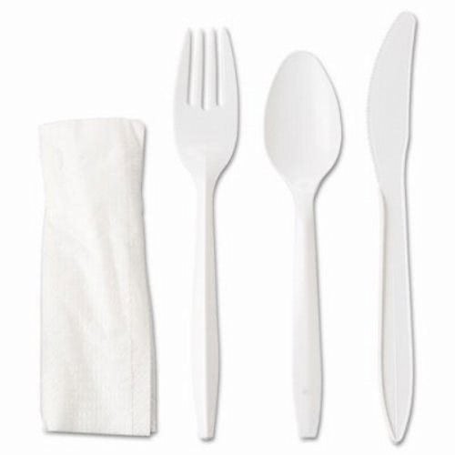 Wrapped Cutlery Kit, Fork/Knife/Spoon/Napkin, White, Mediumweight Plastic, 250/Carton