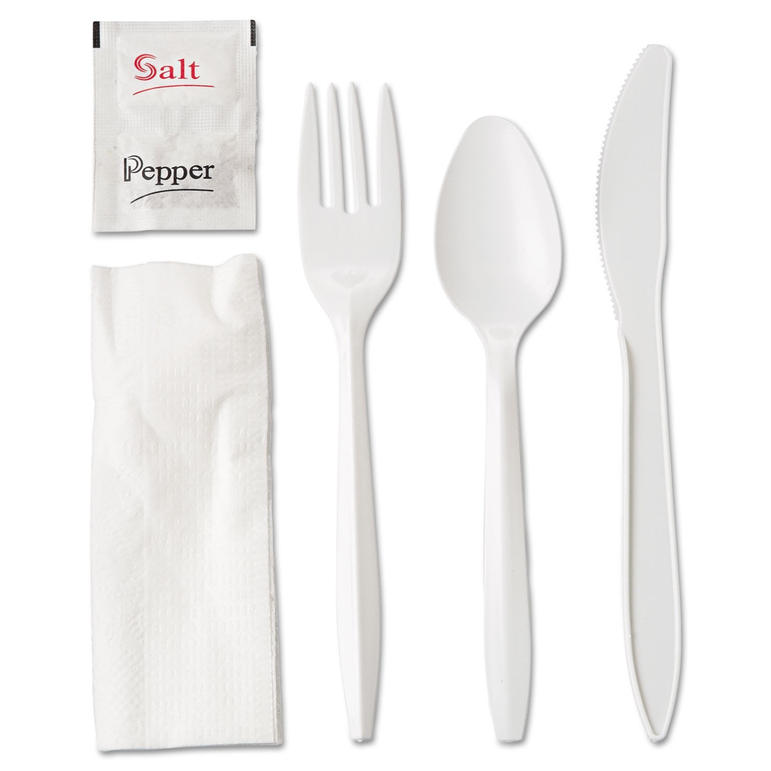 Wrapped Plastic Cutlery Kit, Fork/Knife/Spoon/Napkin/Salt/Pepper, White, 250/Carton