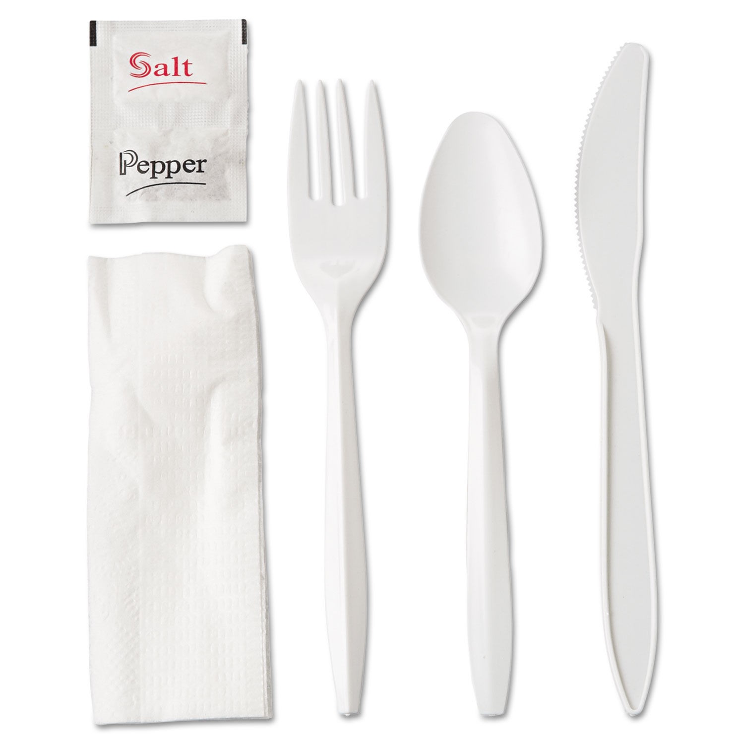 Wrapped Plastic Cutlery Kit, Fork/Knife/Spoon/Napkin/Salt/Pepper, White, 250/Carton LionsDeal